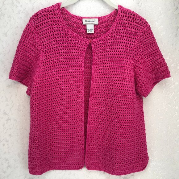 Westbound Bright Pink Crochet Open-Front Cardigan 100% Cotton Boho Style Size L - Picture 1 of 12